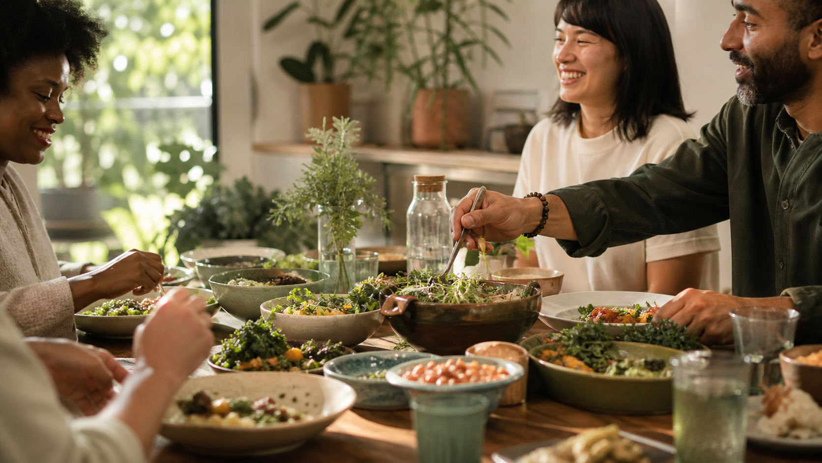 Friends sharing a colorful plant-forward dinner